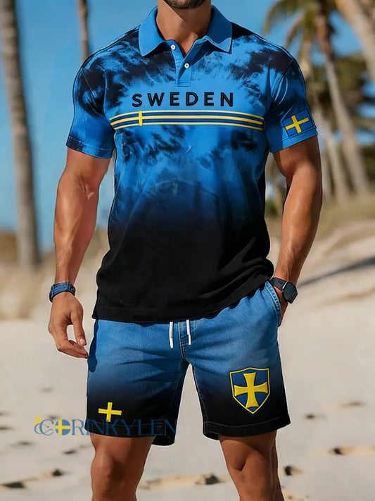 Retro svensk konststiltryck avslappnat polo- och shortsset - A / S
