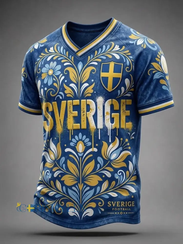 Retro svensk Kurbits-fotbollsläkkert tryckt kortärmad t-shirt - blå / S
