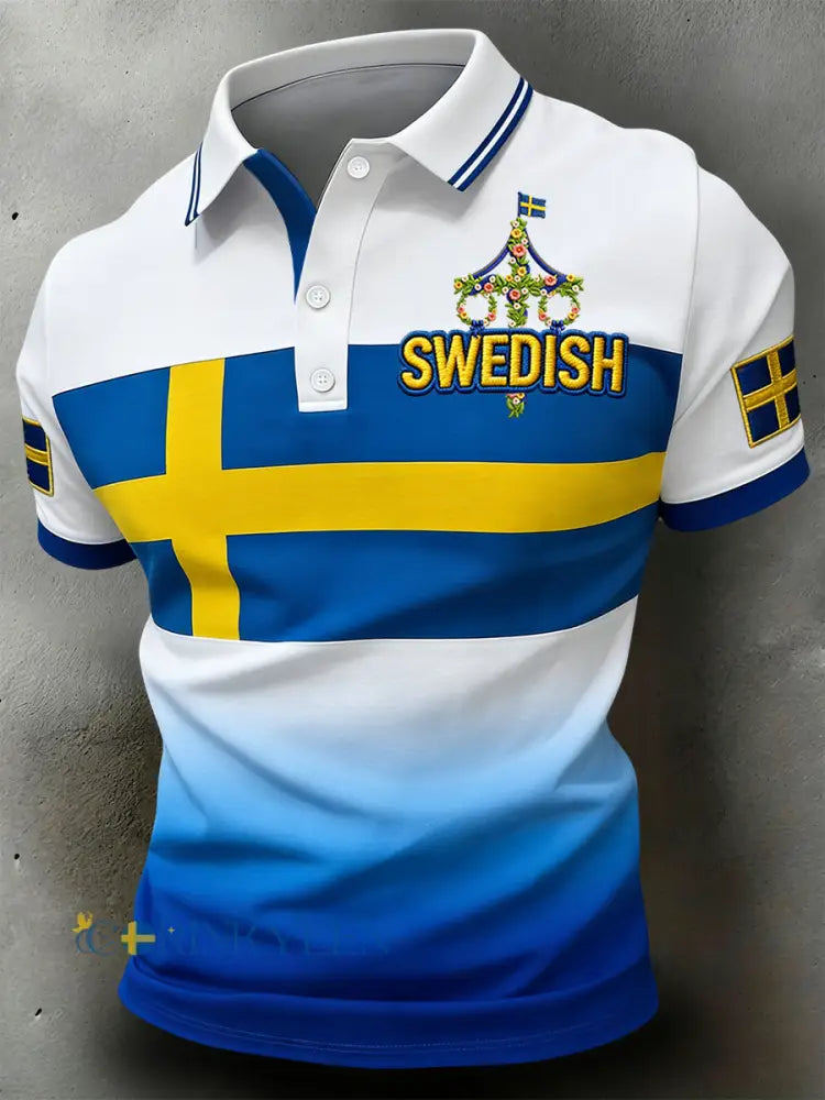 Retro svensk midsommar geometrisk lapptäcke ledig poloströja - vitt / S