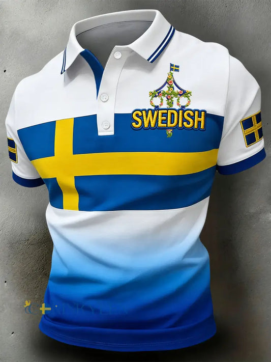 Retro svensk midsommar geometrisk lapptäcke ledig poloströja - vitt / S