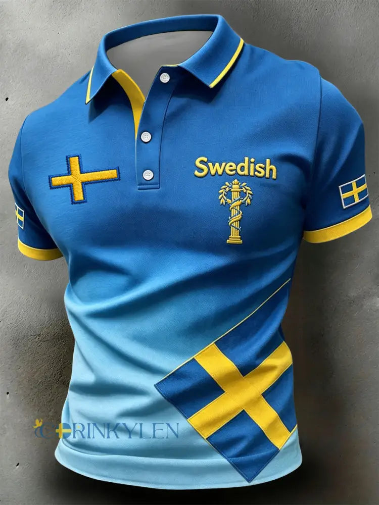 Retro svensk midsommar-patchwork avslappnad polotröja - blå / S