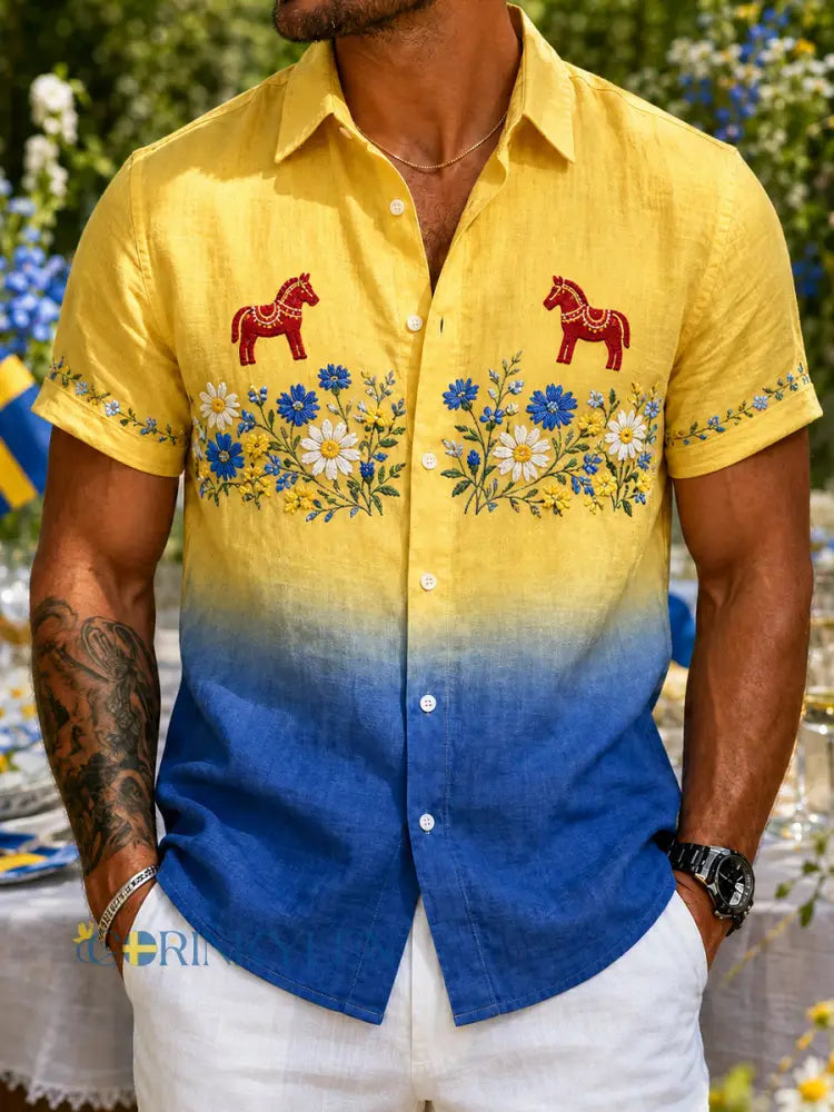 Retro svensk midsommarblommig karusellkonsttryck avslappnad skjorta i bomull och lin - A / S