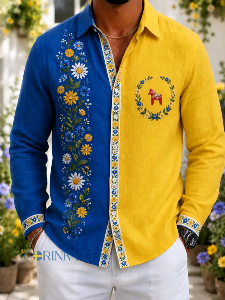 Retro svensk midsommarblommig karusellkonsttryck avslappnad skjorta i bomull och lin - A / S