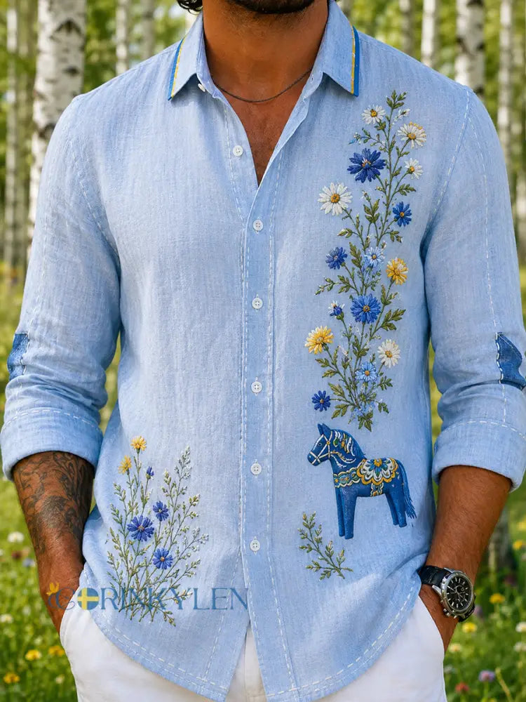 Retro svensk midsommarblommig karusellkonsttryck avslappnad skjorta i bomull och lin - A / S