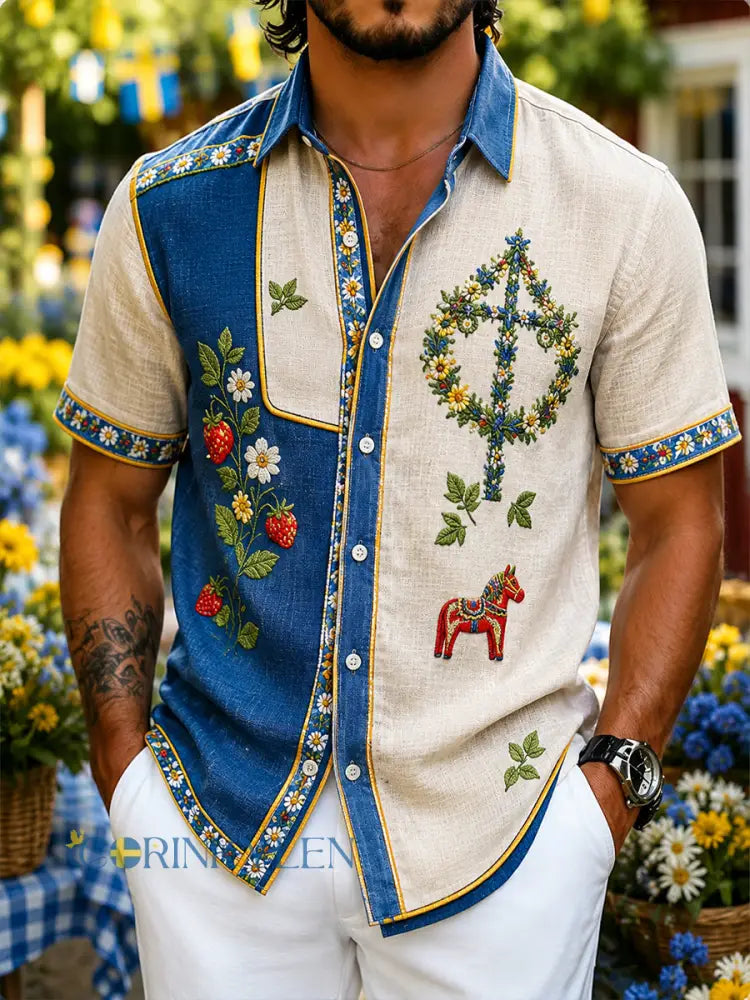 Retro svensk midsommarblommig karusellkonsttryck avslappnad skjorta i bomull och lin - A / S