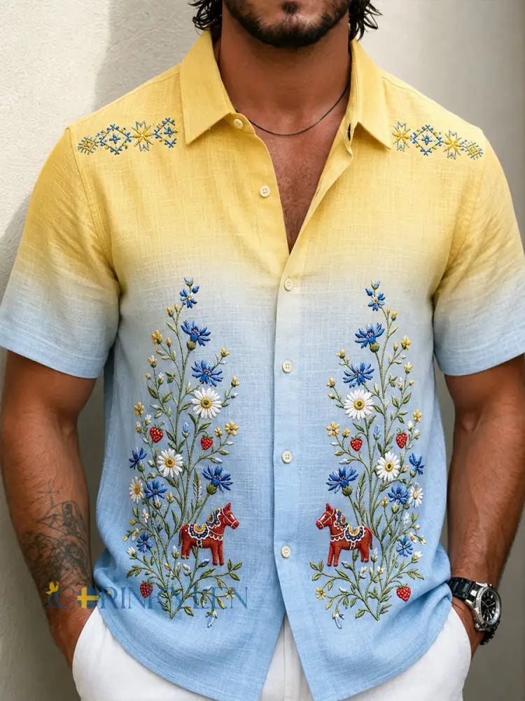 Retro svensk midsommarblommig karusellkonsttryck avslappnad skjorta i bomull och lin - A / S