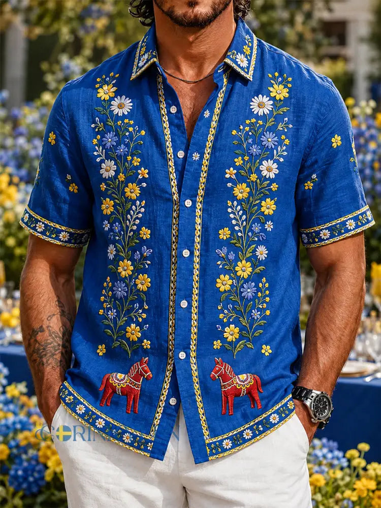 Retro svensk midsommarblommig karusellkonsttryck avslappnad skjorta i bomull och lin - A / S