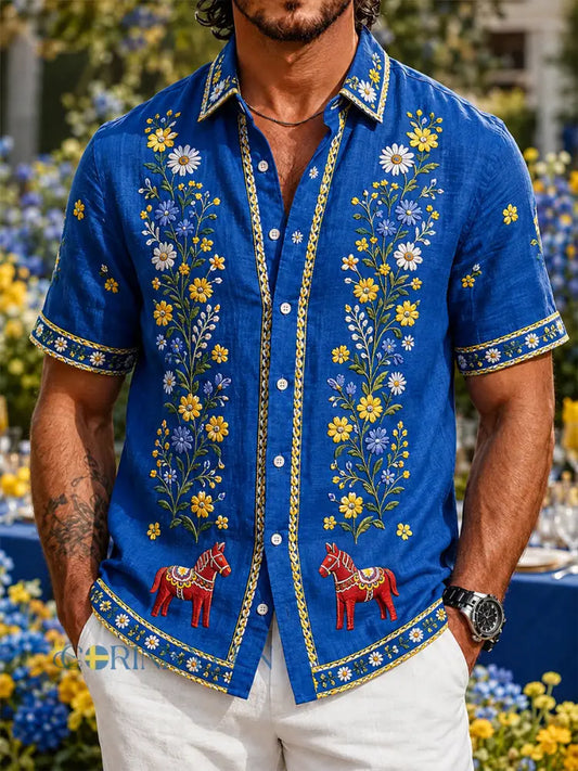 Retro svensk midsommarblommig karusellkonsttryck avslappnad skjorta i bomull och lin - A / S