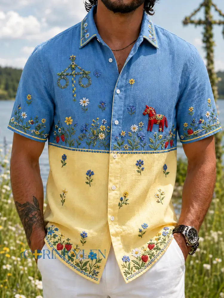 Retro svensk midsommarblommig karusellkonsttryck avslappnad skjorta i bomull och lin - A / S