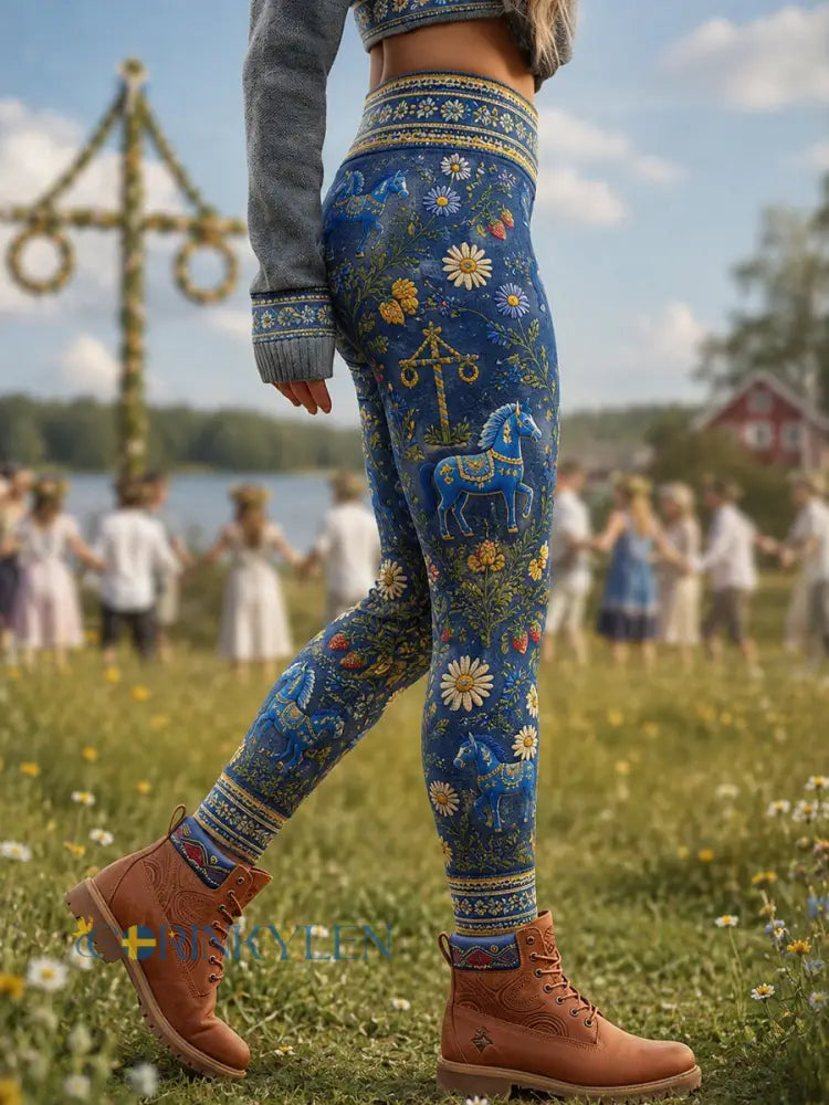 Retro svensk midsommarblommig karusellkonsttryck avslappnade leggings - A / S