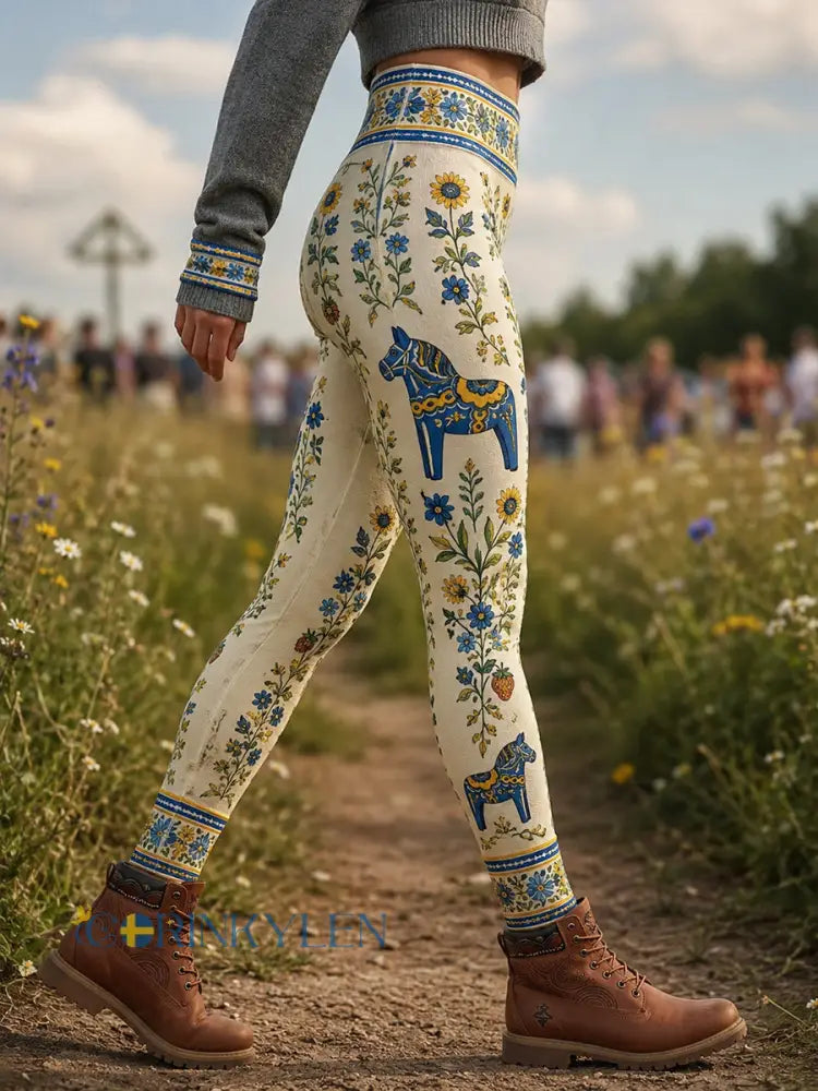 Retro svensk midsommarblommig karusellkonsttryck avslappnade leggings - A / S