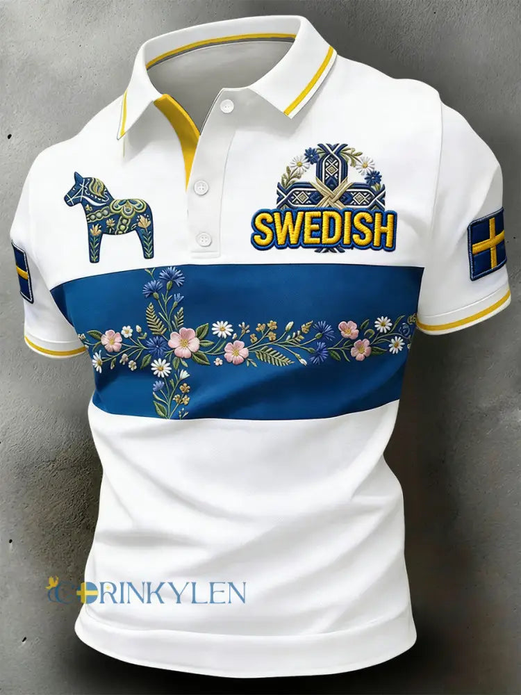 Retro svensk midsommarblommig lapptäcksstil avslappnad polotröja - vitt / S
