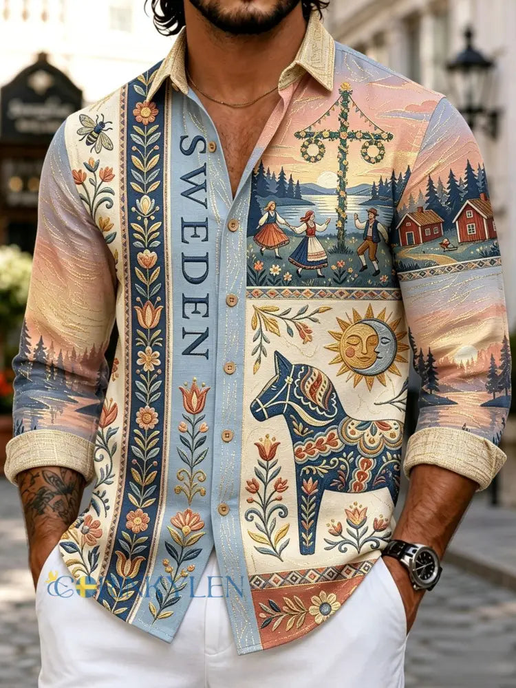 Retro svensk midsommarfolkblommigt bomullslinne skjorta med långa ärmarna - blå / S