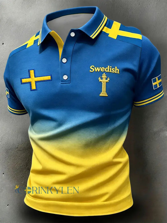 Retro svensk midsommargradient lapptäcksartikelpolotröja - blå / S