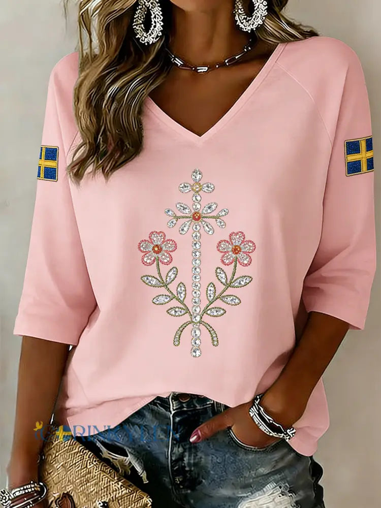 Retro svensk midsommarkonsttryck avslappnad topp - A / S