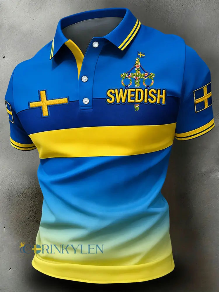 Retro svensk midsommarrandig avslappnad polotröja - blå / S