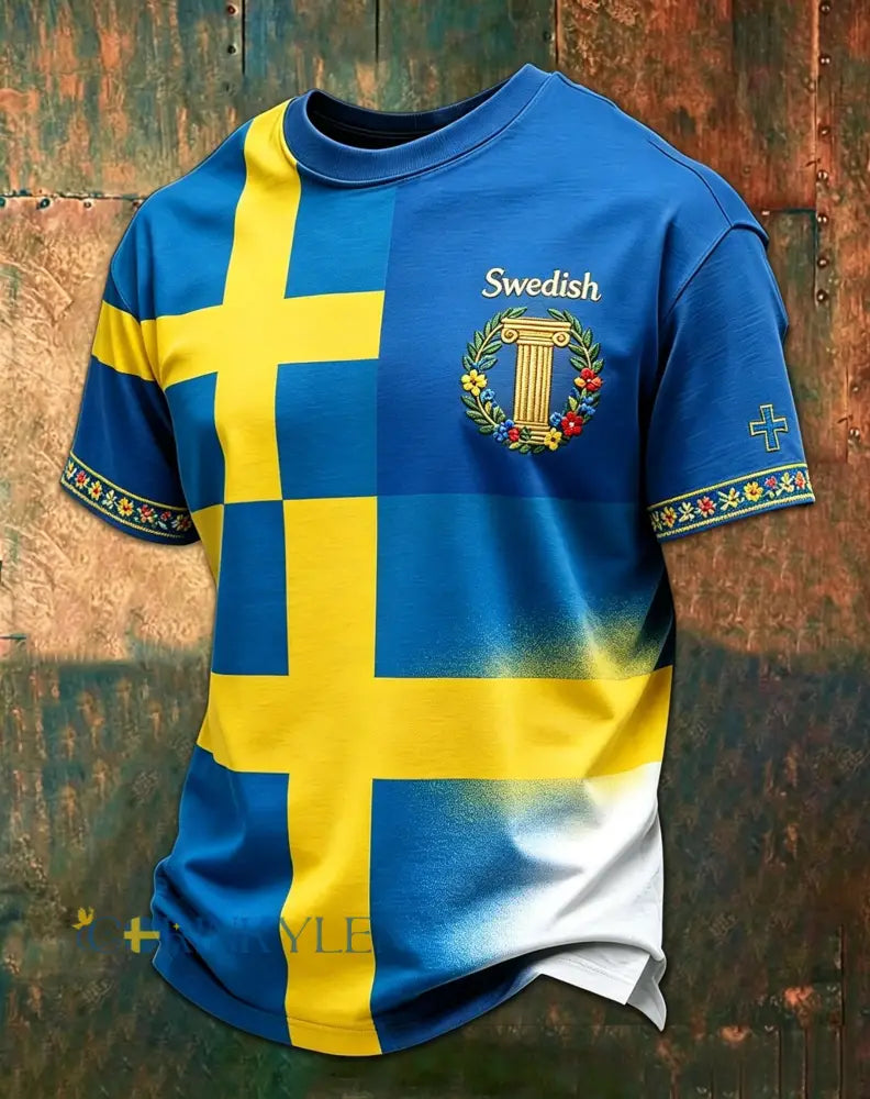 Retro svensk midsommartryck avslappnad t-shirt med korta ärmarna - blå / S