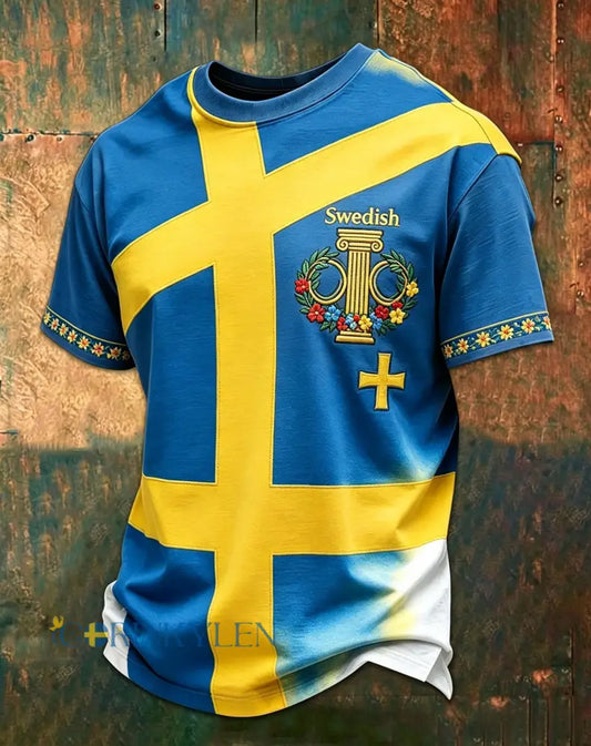 Retro svensk midsommartryck avslappnad t-shirt med korta ärmarna - blå / S