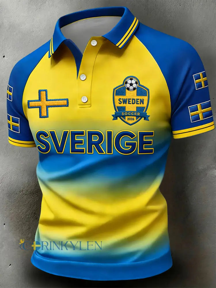Retro Swedish 2026 Fotbolls-Inspirerad Patchwork Casual Polo tröj - blå / S