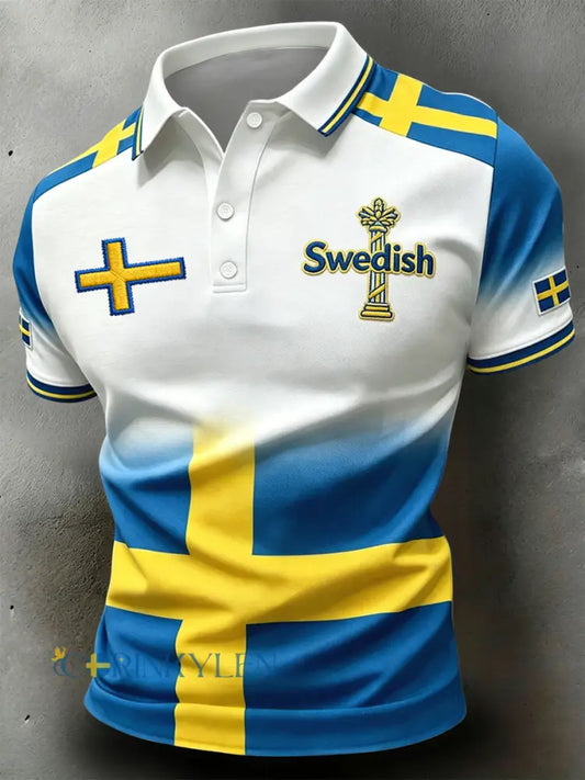 Retro Swedish Midsommar Patchwork Gradient Casual Polo Skjorta - blå / S
