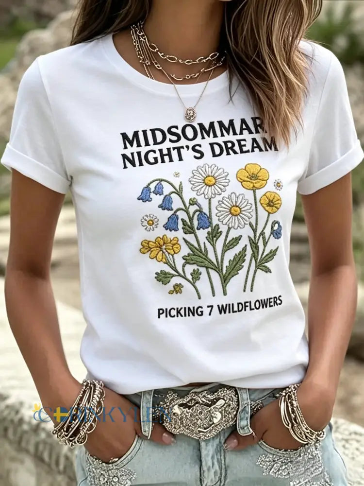 Retro Swedish Midsommar Print Casual Short-Shirt - vitt / S