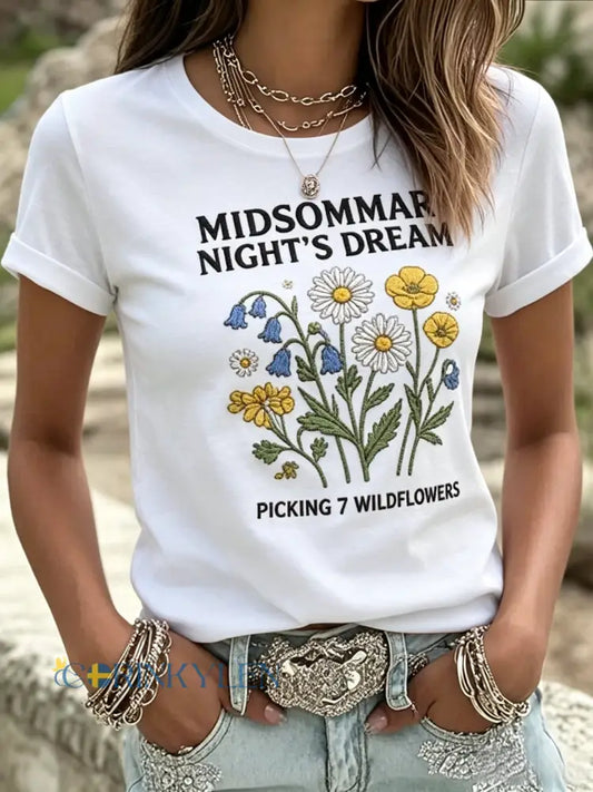 Retro Swedish Midsommar Print Casual Short-Shirt - vitt / S