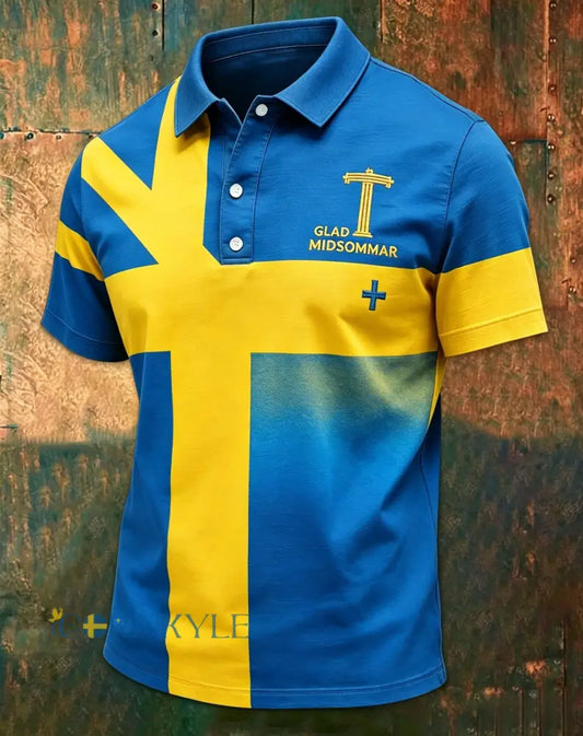 Retro Swedish Midsommar Print Casual Short-Sleeve Polo-skjorta - blå / S