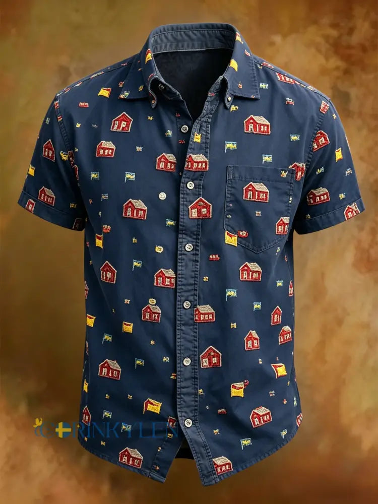 Retro Swedish Midsommar Print Casual Short-Storm - blå sjöfart / S