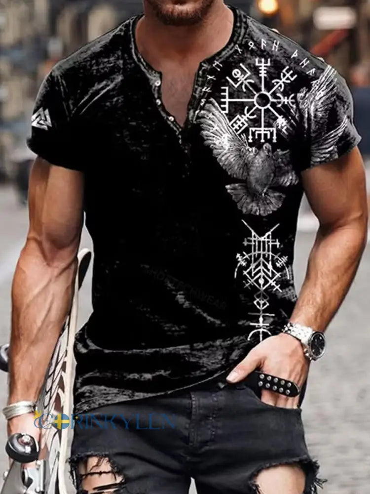 Retro Viking konst Print Casual Henley tröja - A / S