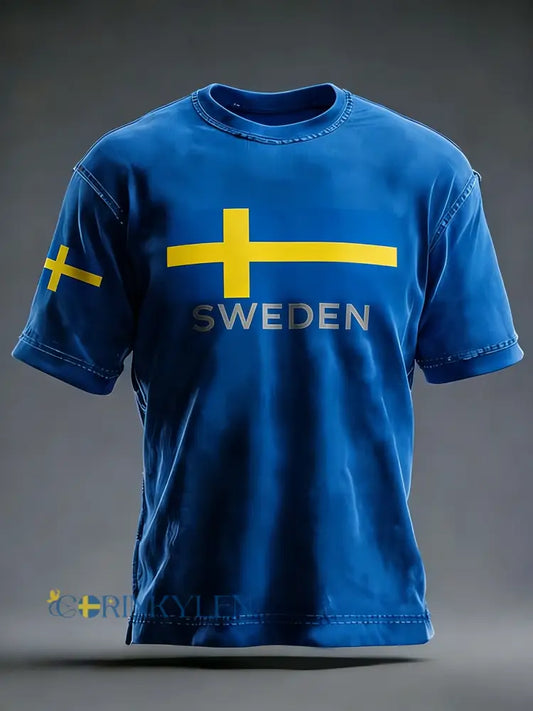Retro viking svensk flagga märke avslappnad kortärmad t-shirt - blå / S