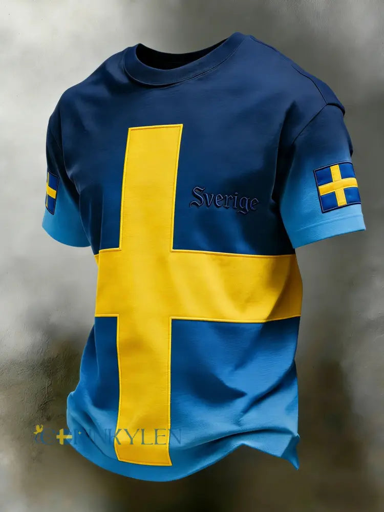 Retro viking svensk flagga märke avslappnad kortärmad t-shirt - blå / S