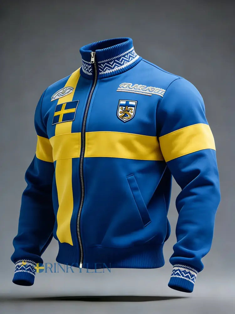 Retro viking svensk flaggmärke avslappnad sportig jacka med ståkrage - blå / S