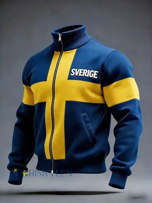 Retro viking svensk flaggmärke avslappnad sportig jacka med ståkrage - blå / S