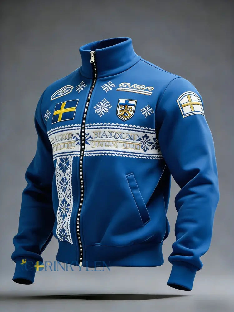 Retro viking svensk flaggmärke avslappnad sportig jacka med ståkrage - blå / S