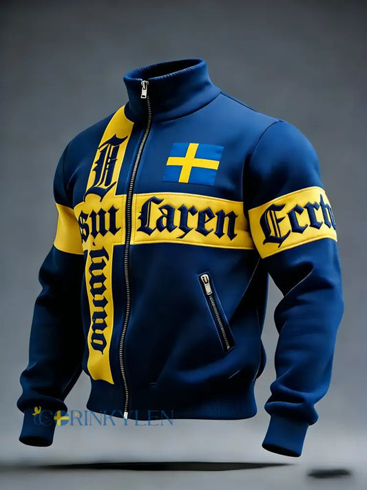 Retro viking svensk flaggmärke avslappnad sportig jacka med ståkrage - blå / S