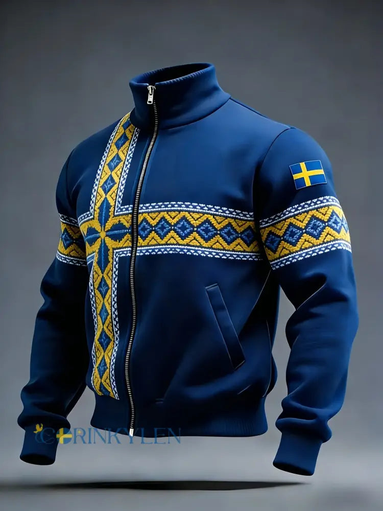 Retro viking svensk flaggmärke avslappnad sportig jacka med ståkrage - blå / S
