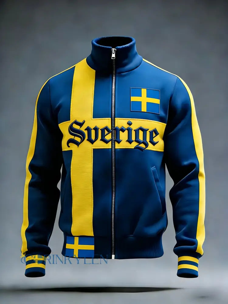 Retro viking svensk flaggmärke avslappnad sportig jacka med ståkrage - blå / S