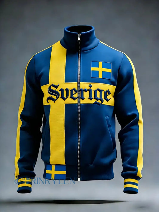 Retro viking svensk flaggmärke avslappnad sportig jacka med ståkrage - blå / S
