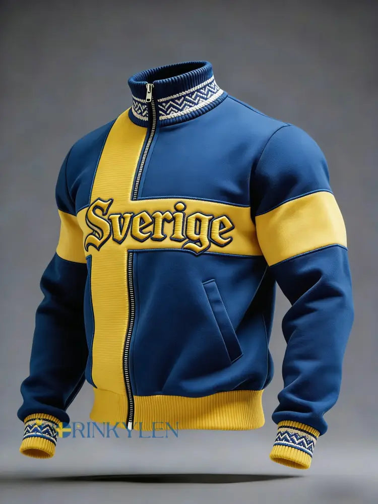 Retro viking svensk flaggmärke avslappnad sportig jacka med ståkrage - blå / S