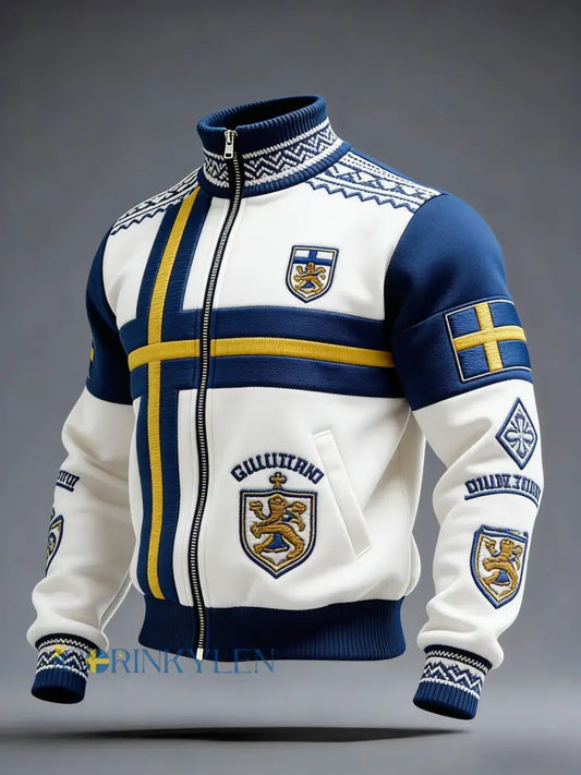 Retro viking svensk flaggmärke avslappnad sportig jacka med ståkrage - vitt / S