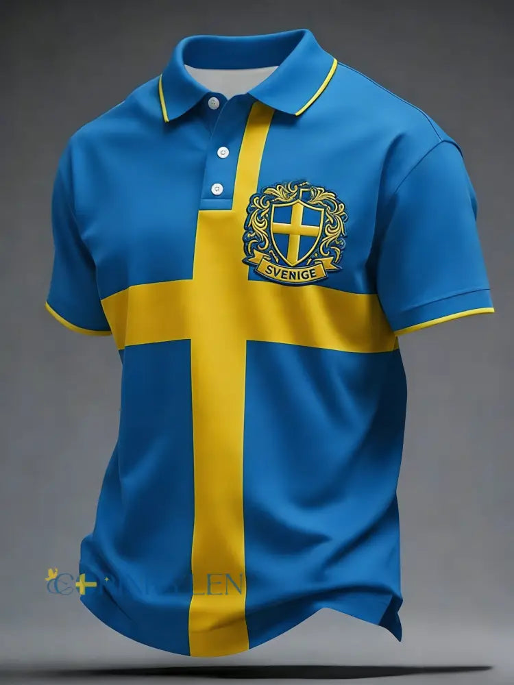 Retro viking svensk fotbollsflagga emblem avslappnad pikétröja med korta ärmarna - blå / S