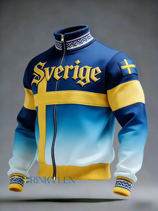Retro viking svensk fotbollsflagga emblem avslappnad sportig jacka med ståkrage - blå / S