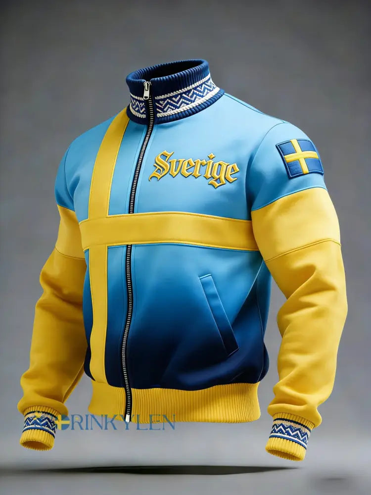 Retro viking svensk fotbollsflagga emblem avslappnad sportig jacka med ståkrage - blå / S