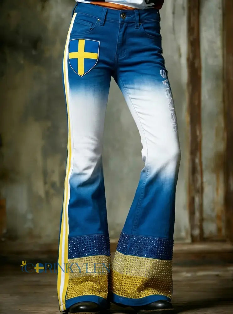 Retro viking svensk fotbollsflagga emblem konsttryck utsvängda byxor - blå / S