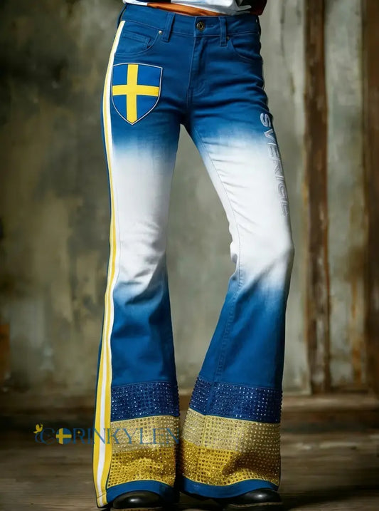 Retro viking svensk fotbollsflagga emblem konsttryck utsvängda byxor - blå / S