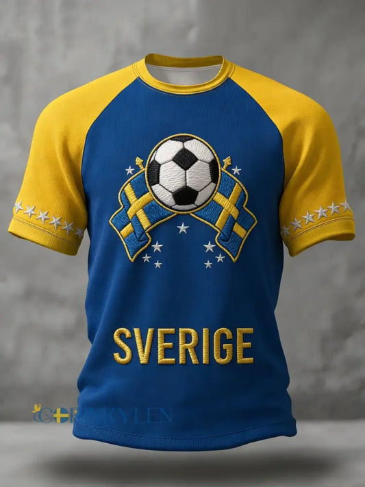 Retro viking svensk fotbollsflagga emblem ledig t-shirt med korta ärmarna - blå / S