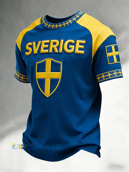 Retro viking svensk fotbollsflagga emblem ledig t-shirt med korta ärmarna - blå / S
