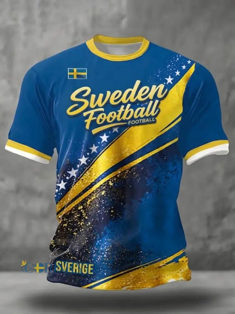 Retro viking svensk fotbollsflagga emblem ledig t-shirt med korta ärmarna - blå / S