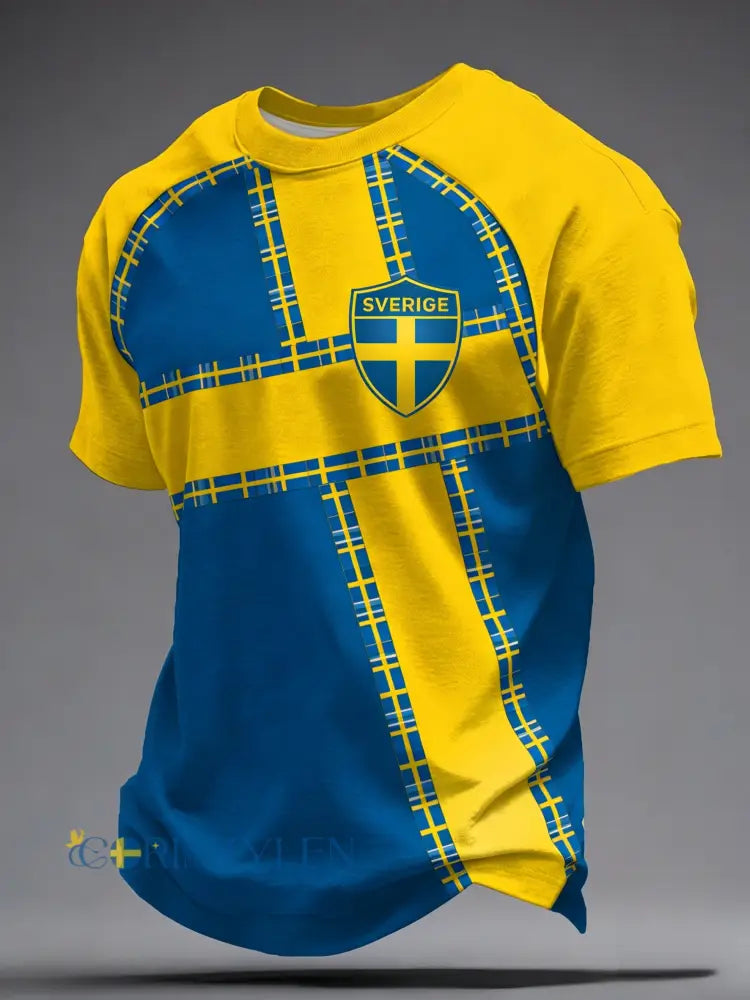 Retro viking svensk fotbollsflagga emblem ledig t-shirt med korta ärmarna - blå / S