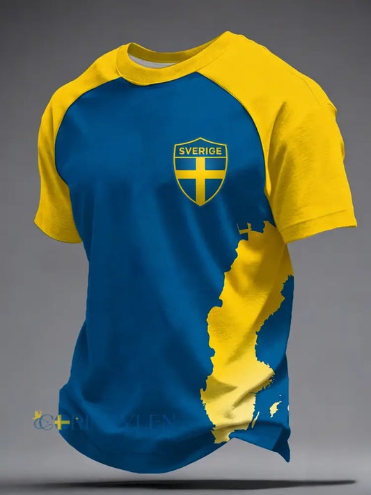 Retro viking svensk fotbollsflagga emblem ledig t-shirt med korta ärmarna - blå / S